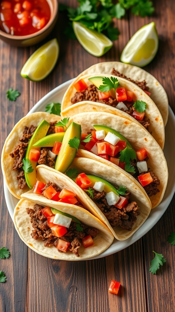 Plate of chopped beef tacos with tomatoes, avocado, and cheese on a rustic wooden table.